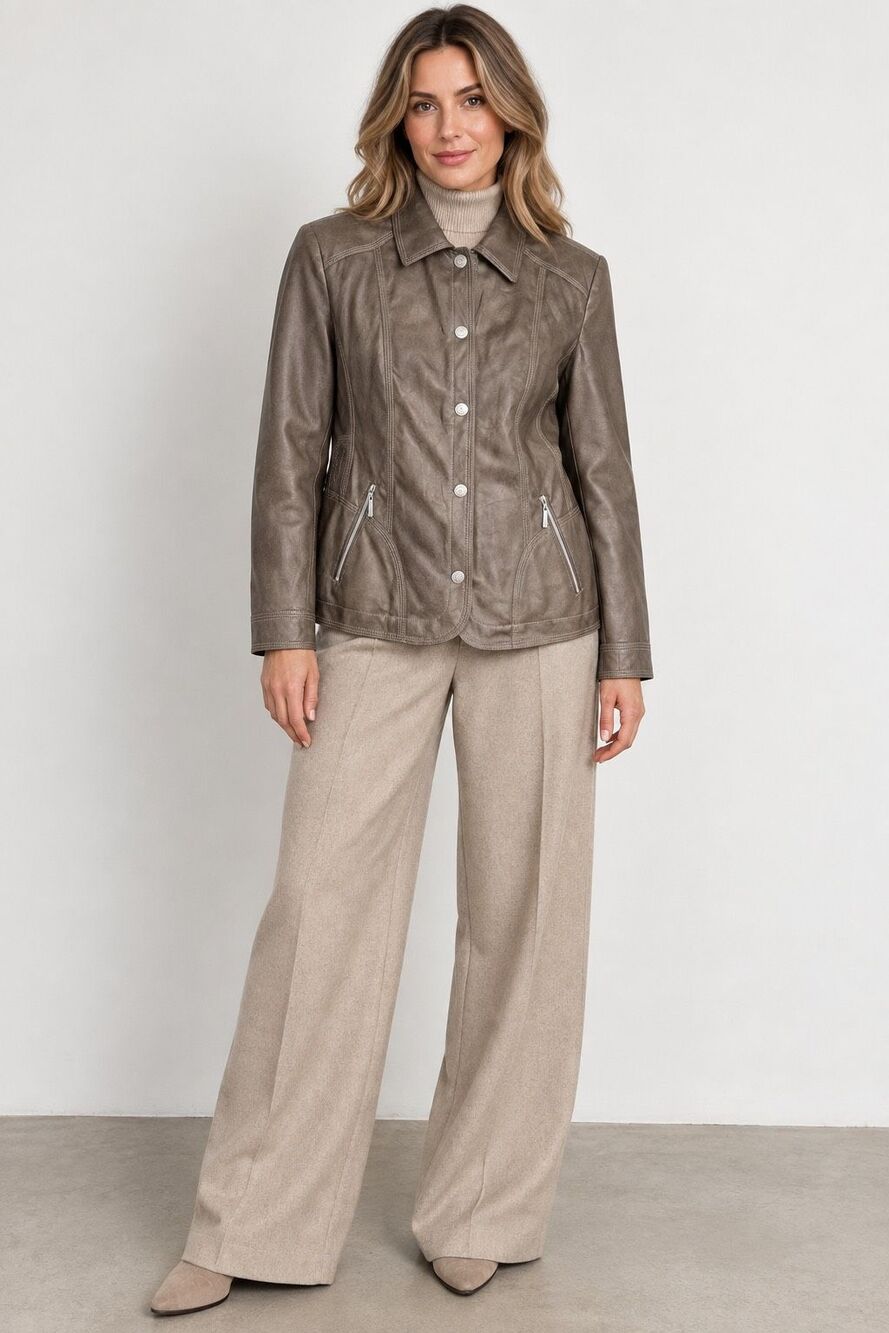 Barbara Lebek Soft Faux Leather Jacket Taupe Brown Size 16 UK 12 US